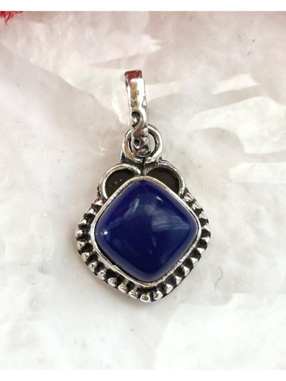 Rich Blue Corundum Gemstone Beaded Sterling Silver 925 Vintage Pendant | Charm